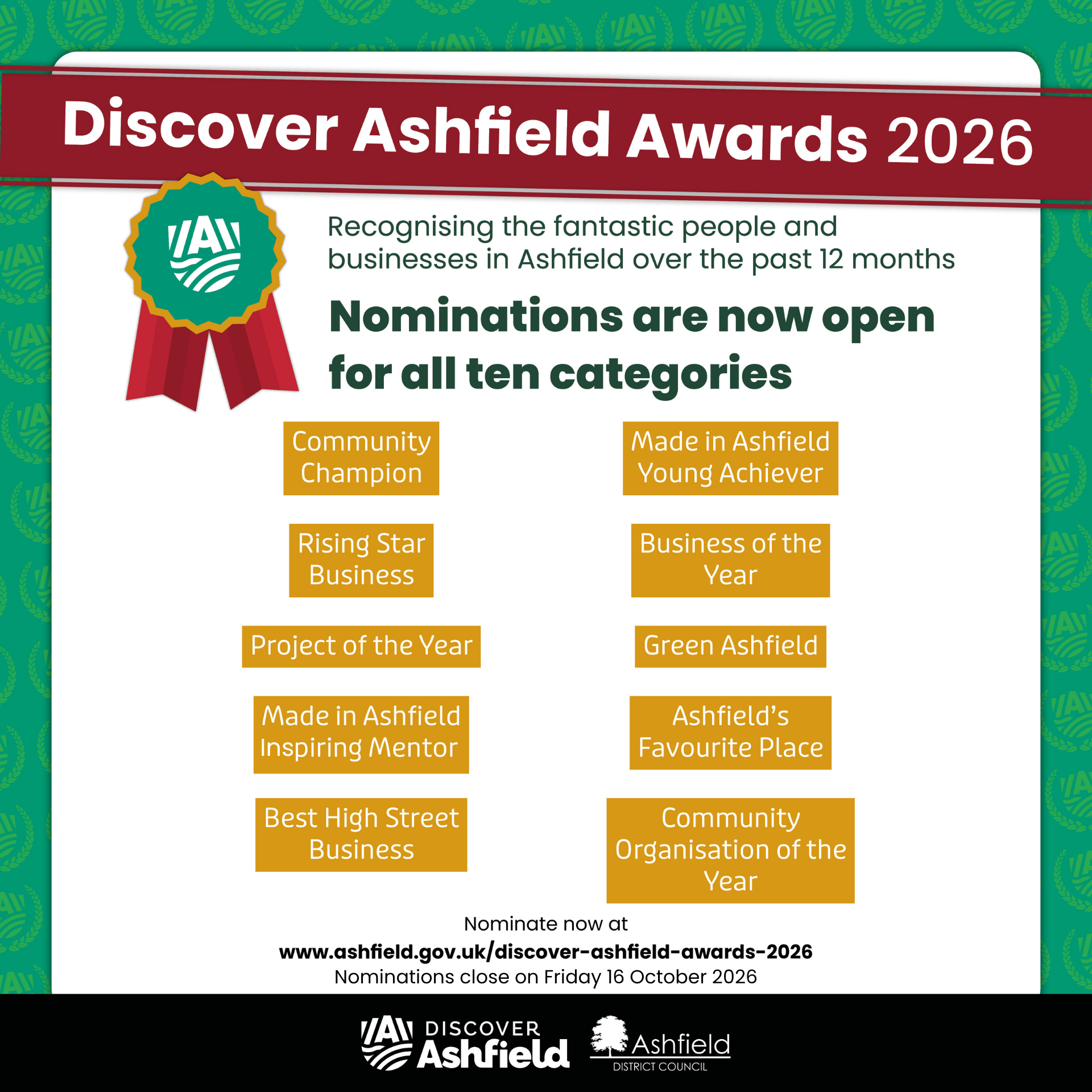 Nominations open for the Discover Ashfield Awards 2026 cover image