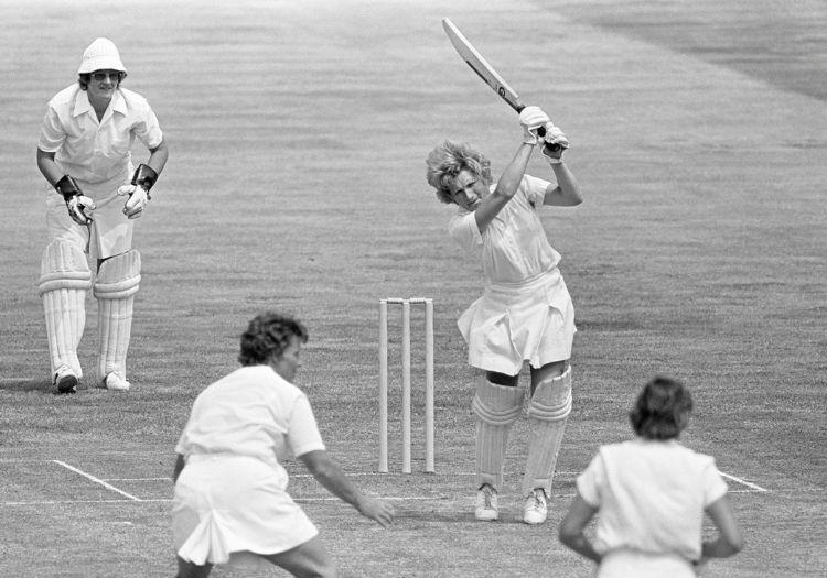 Image of cricketer Enid Bakewell batting in a cricket match